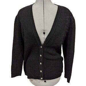 Black Ribbed Knit‎ Cardigan Sweater Rhinestone Buttons Elegant Classic